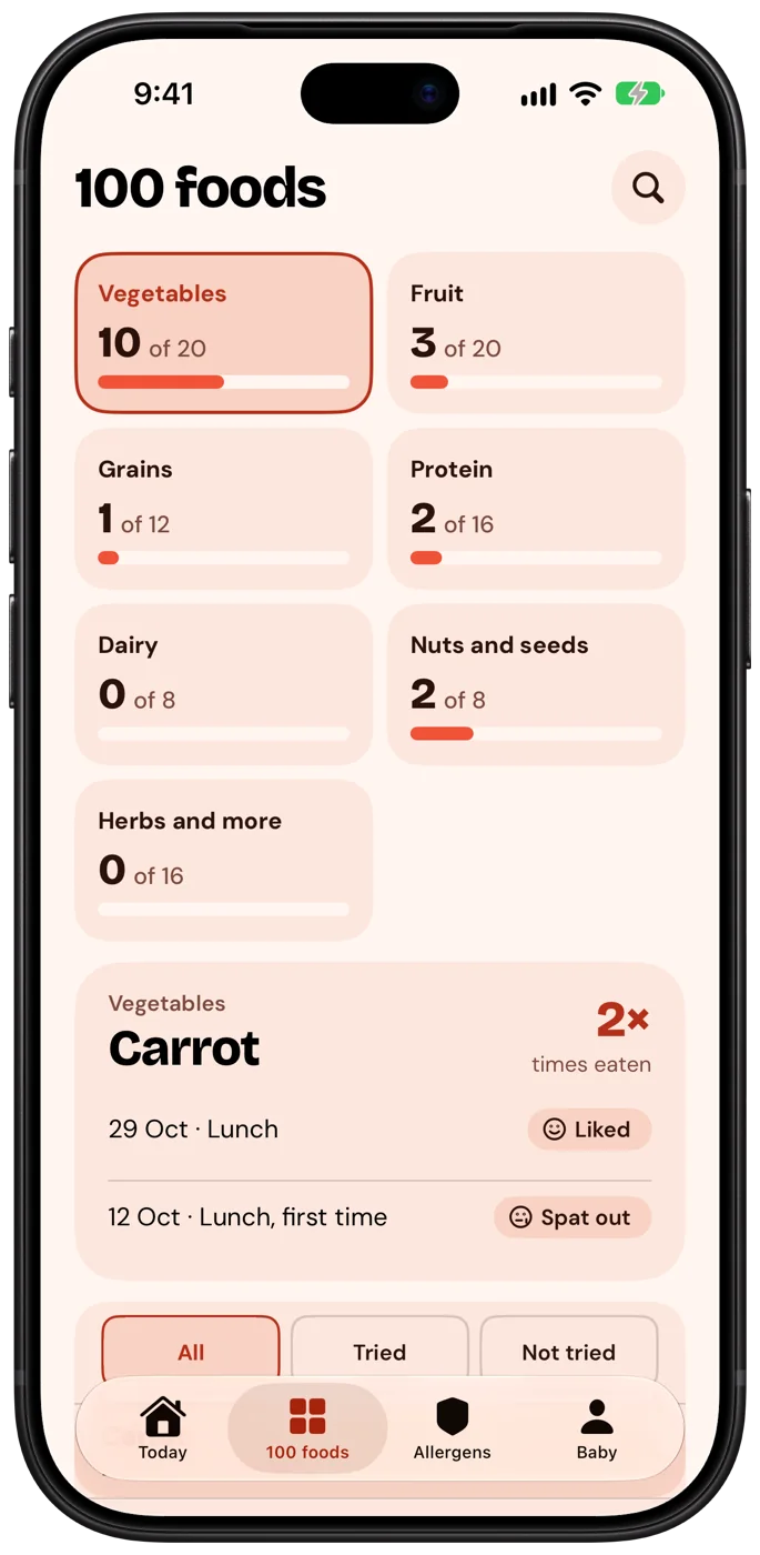 100 foods screen of the Nibbleton app
